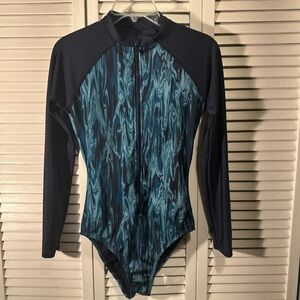 Long-Sleeve One-Piece Swimsuit in Teal Wave Print